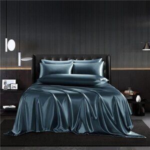 4Pcs Deep Sea Blue Silky Satin Sheets Twin Satin Sheets Set Silky Comforter